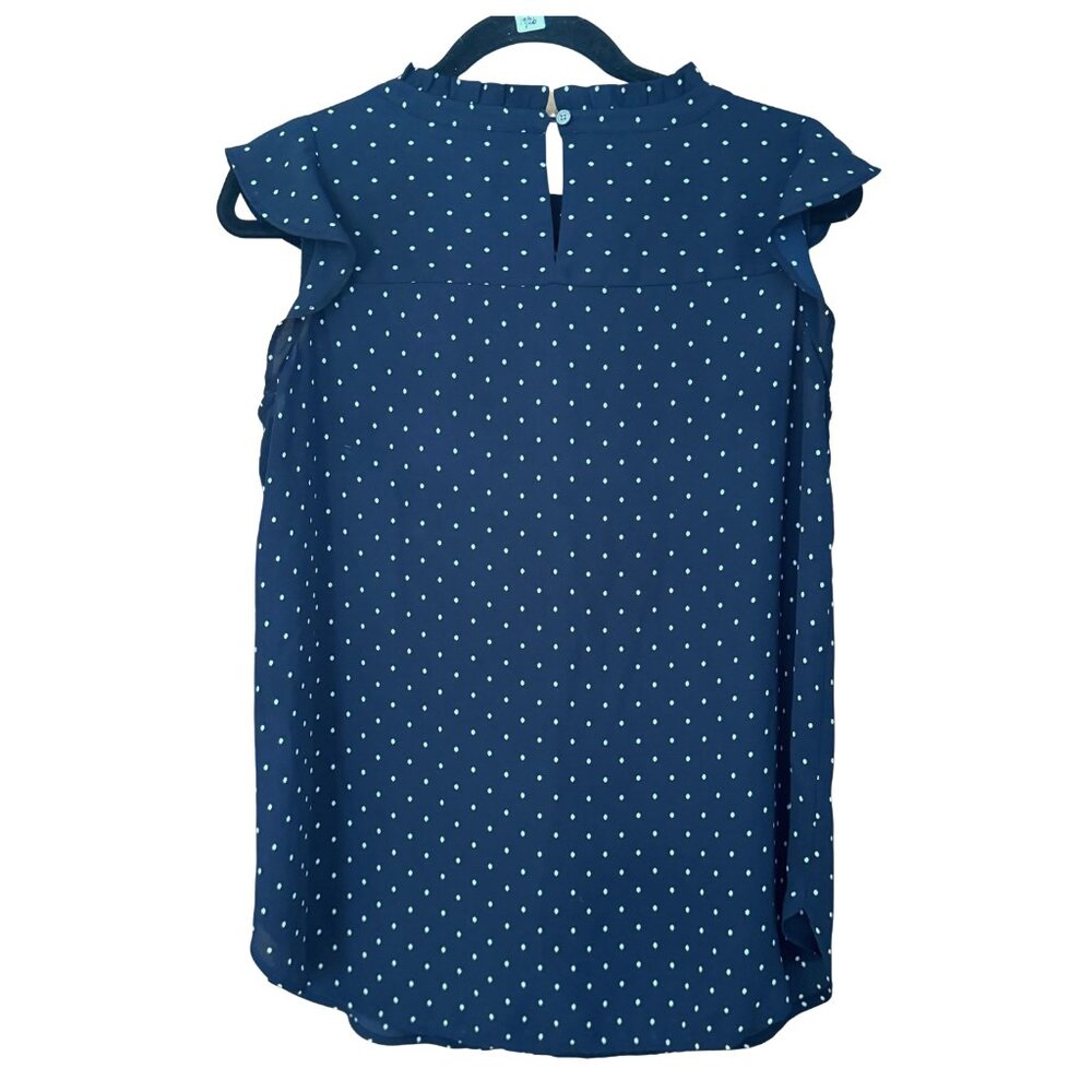 Loft Cap Flutter Sleeve Navy Top with White Polka Dots Lace Details Size Small - Picture 4 of 5
